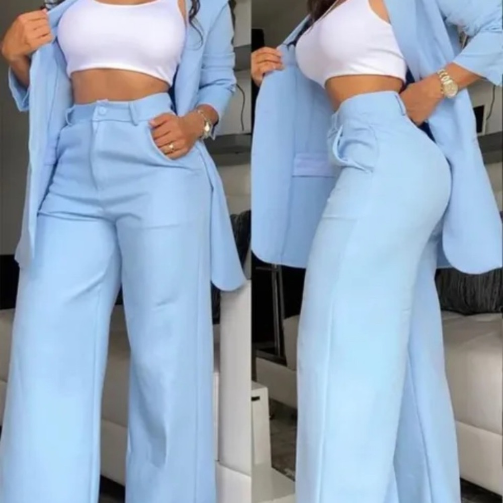 Elegant Light Blue Women's Wide Leg Pantsuit